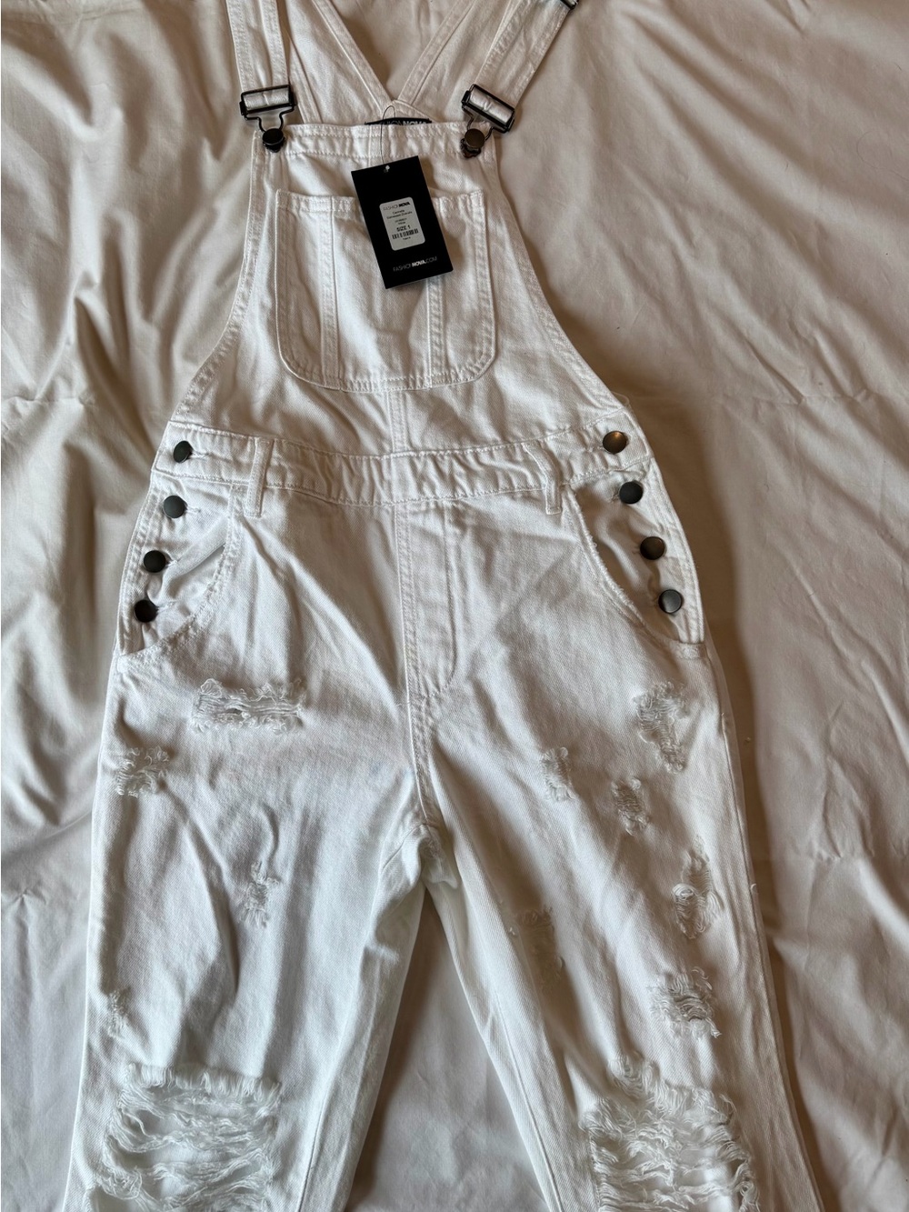 Fashion Nova White Distressed Women's Denim Overalls